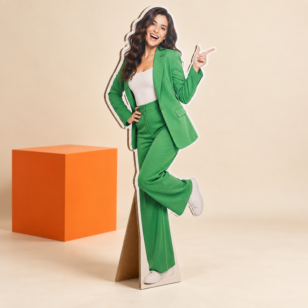 Life-size cardboard cutout of a woman wearing a green suit