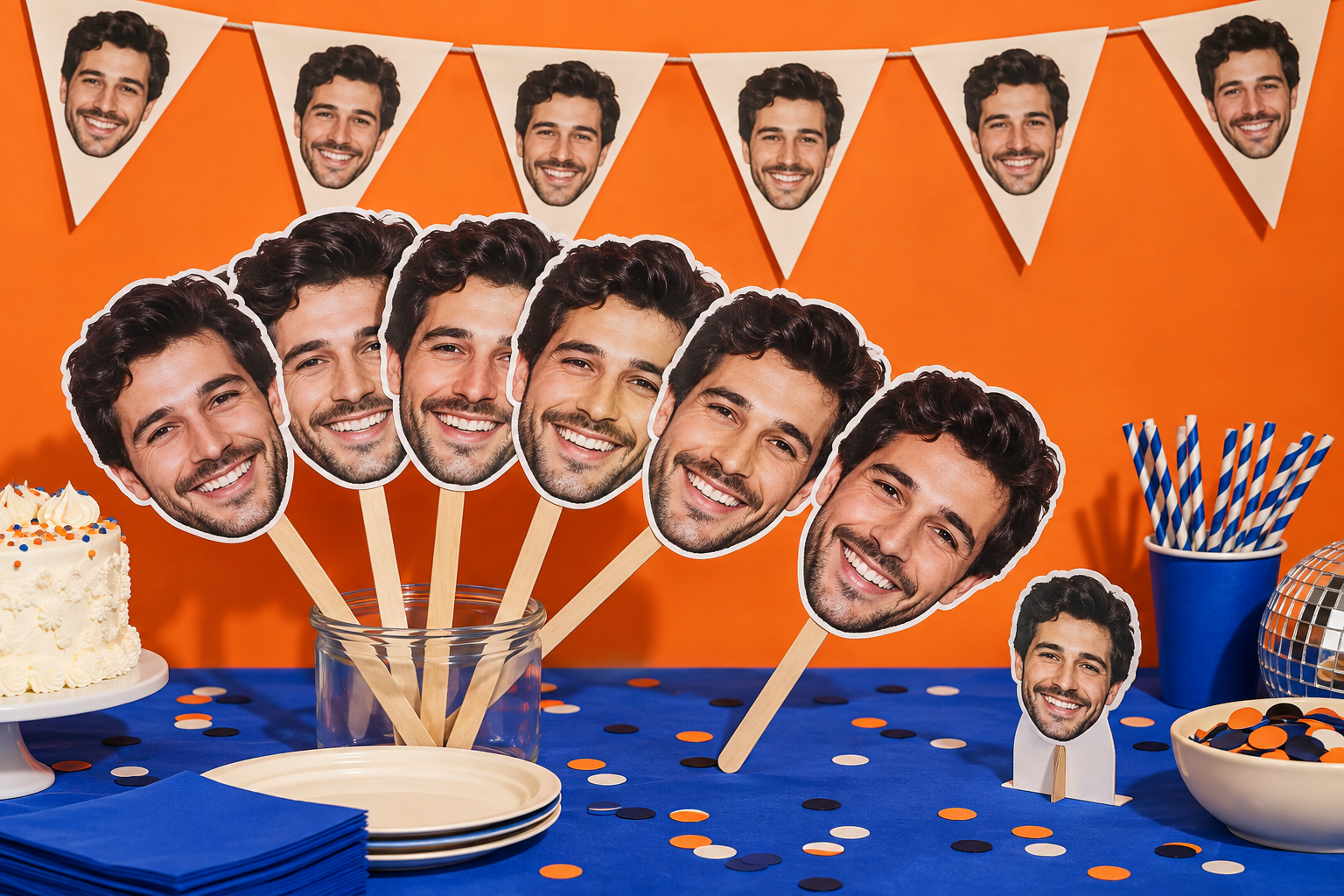 Personalised face masks, bunting and mini standee on a party table